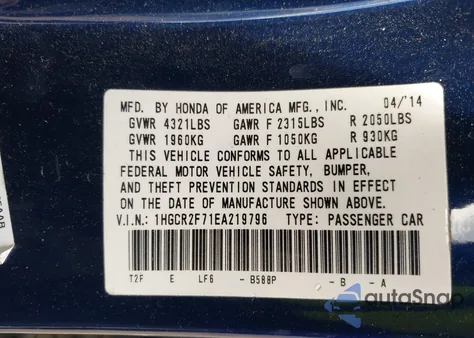 2014 Honda Accord Ex из США, поврежденный, VIN 1HGCR2F71EA219796